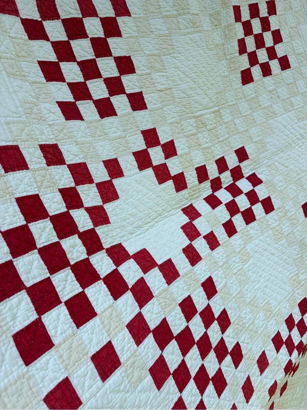 Vintage 1930-1940s Red & White Patchwork Checkered Feed Sack Quilt 65x74
